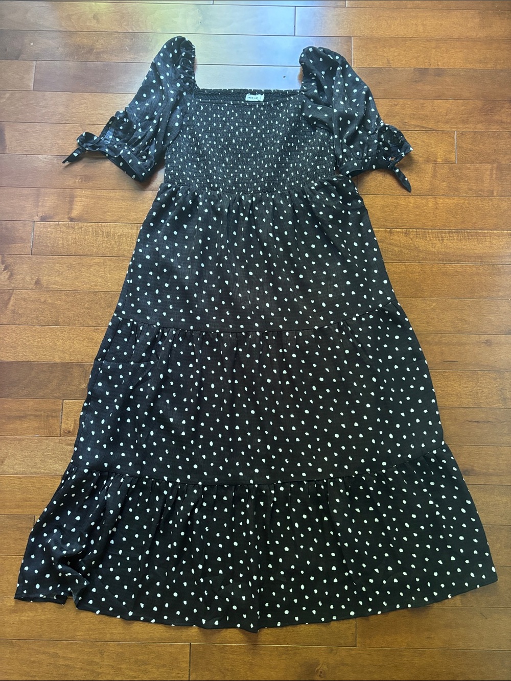 Black Polka Dot Smocked Midi Dress with Puff Tie Sleeves